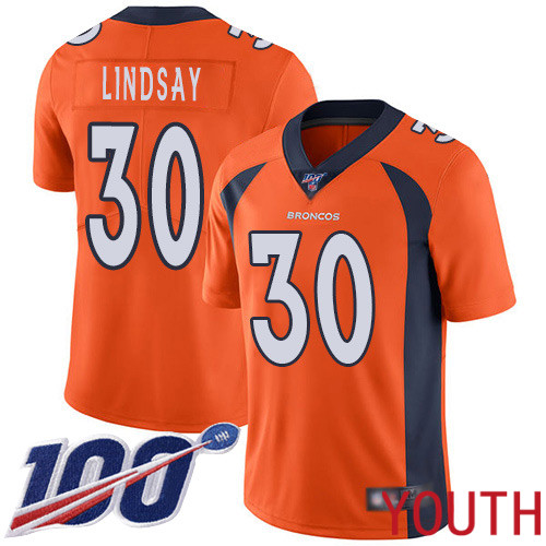 Youth Denver Broncos #30 Phillip Lindsay Orange Team Color Vapor Untouchable Limited Player 100th Season Football NFL Jersey